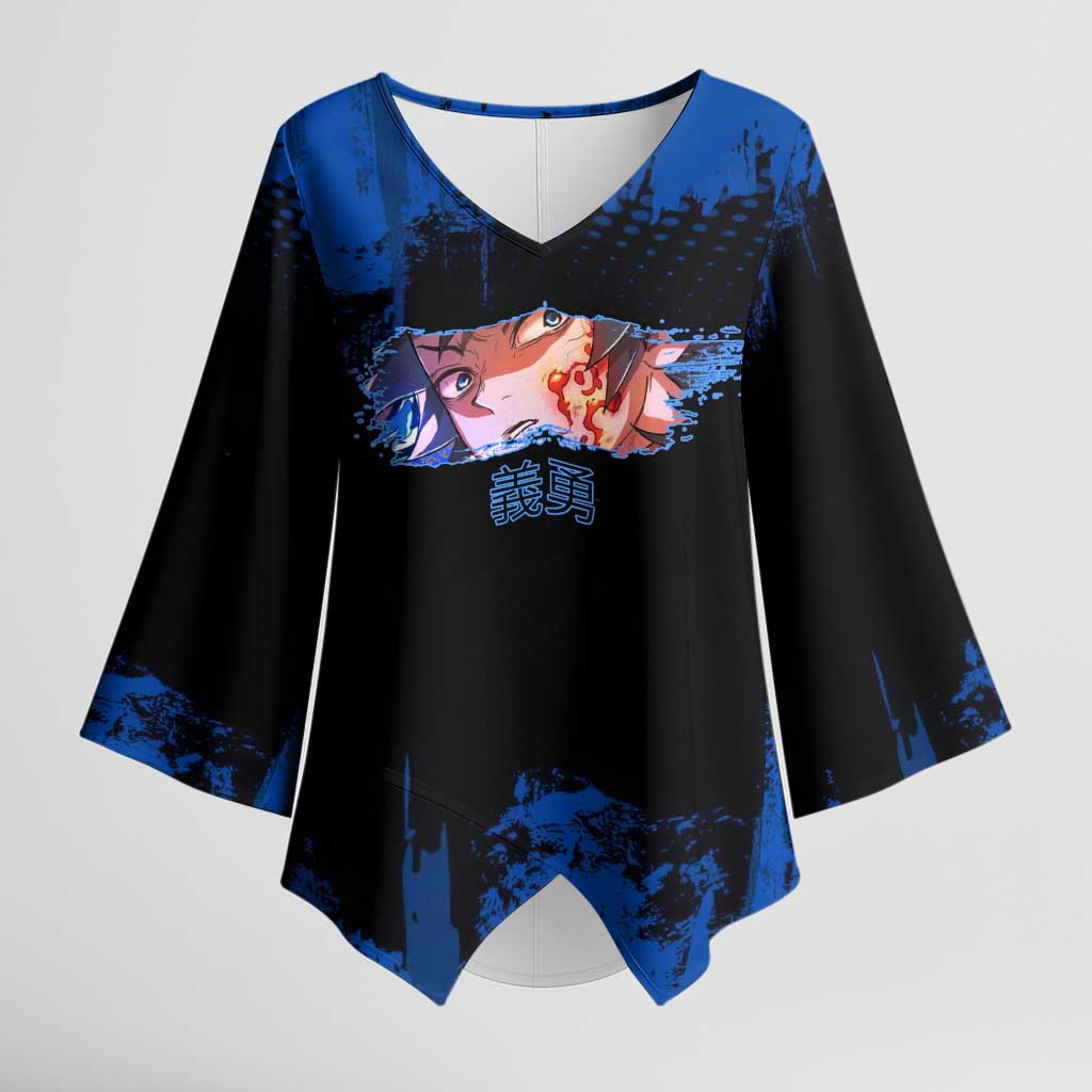 Giyu Tomioka Demon Slayer Blue Grunge Design Kimono Sleeve Blouse with Intense Eyes and Sword Stance - The Mazicc