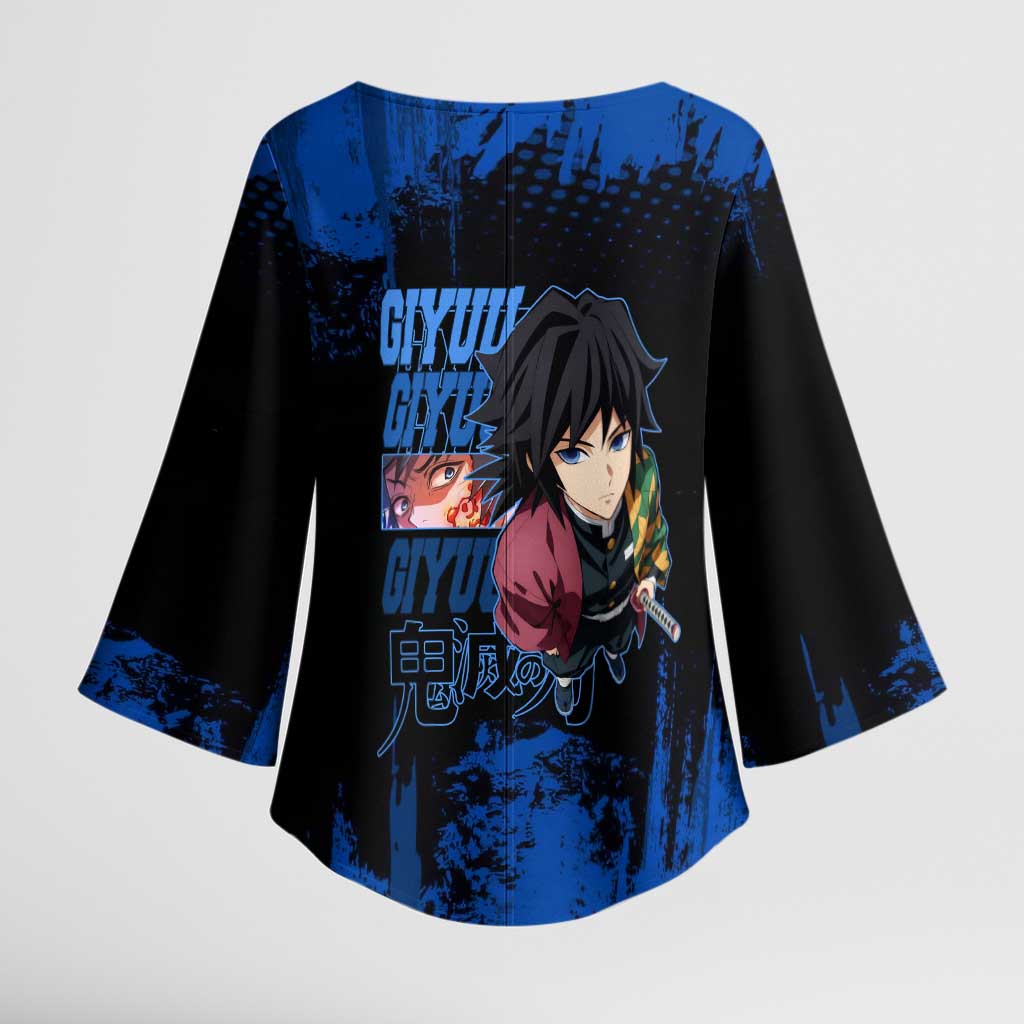 Giyu Tomioka Demon Slayer Blue Grunge Design Kimono Sleeve Blouse with Intense Eyes and Sword Stance - The Mazicc