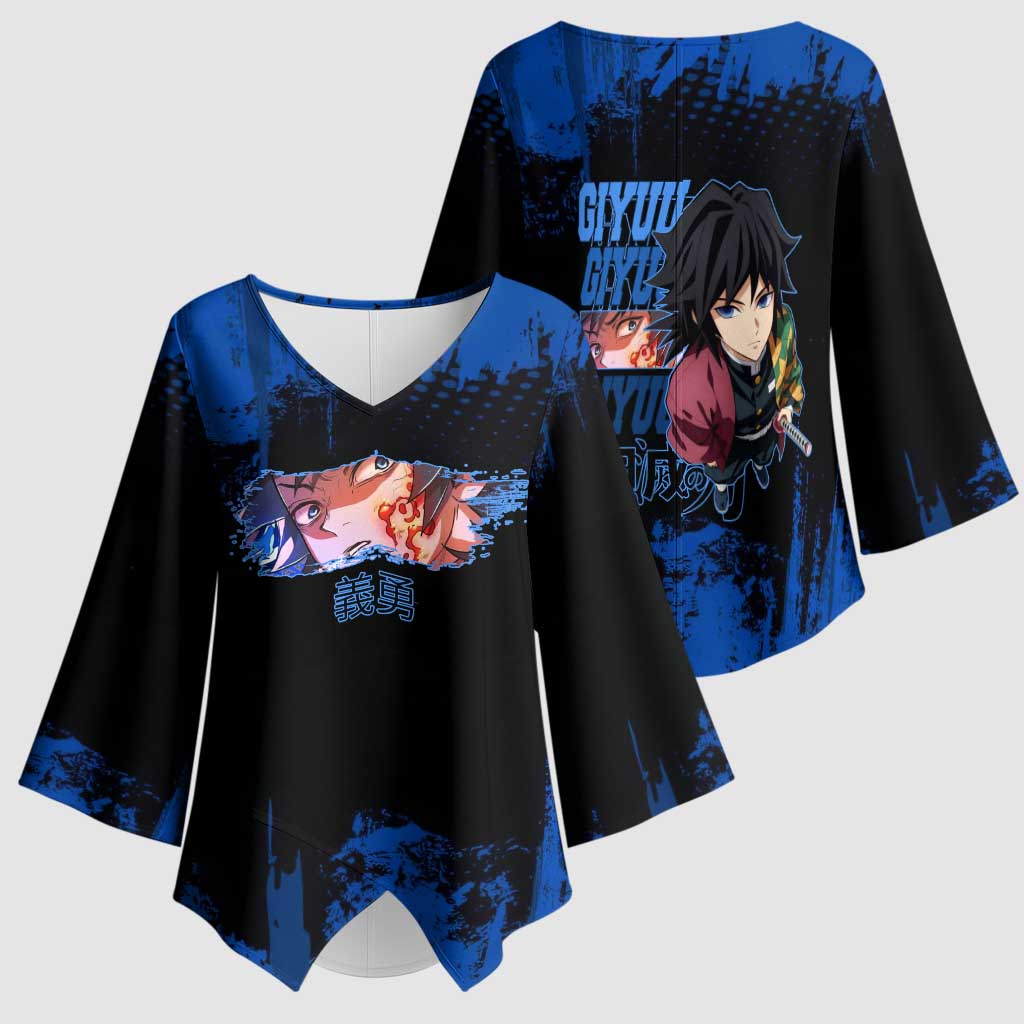 Giyu Tomioka Demon Slayer Blue Grunge Design Kimono Sleeve Blouse with Intense Eyes and Sword Stance - The Mazicc