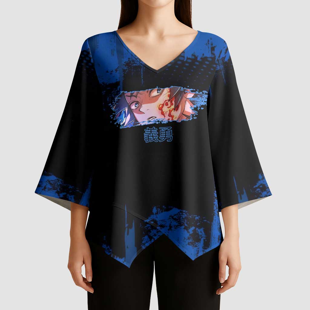 Giyu Tomioka Demon Slayer Blue Grunge Design Kimono Sleeve Blouse with Intense Eyes and Sword Stance - The Mazicc