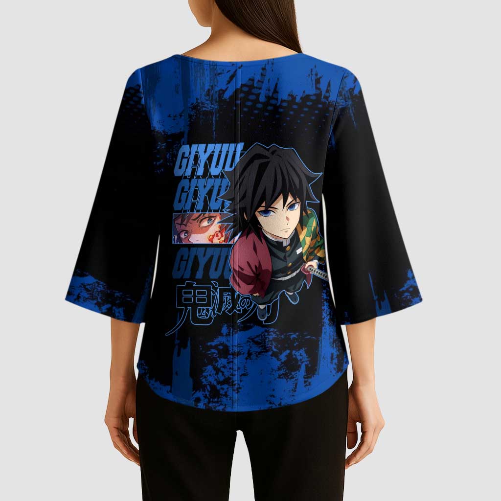 Giyu Tomioka Demon Slayer Blue Grunge Design Kimono Sleeve Blouse with Intense Eyes and Sword Stance - The Mazicc