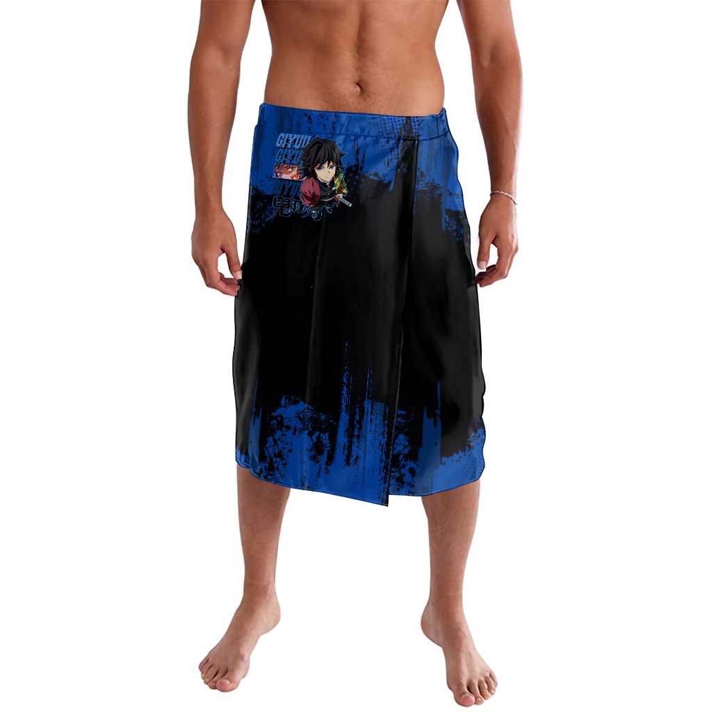 Giyu Tomioka Demon Slayer Blue Grunge Design Lavalava with Intense Eyes and Sword Stance - The Mazicc