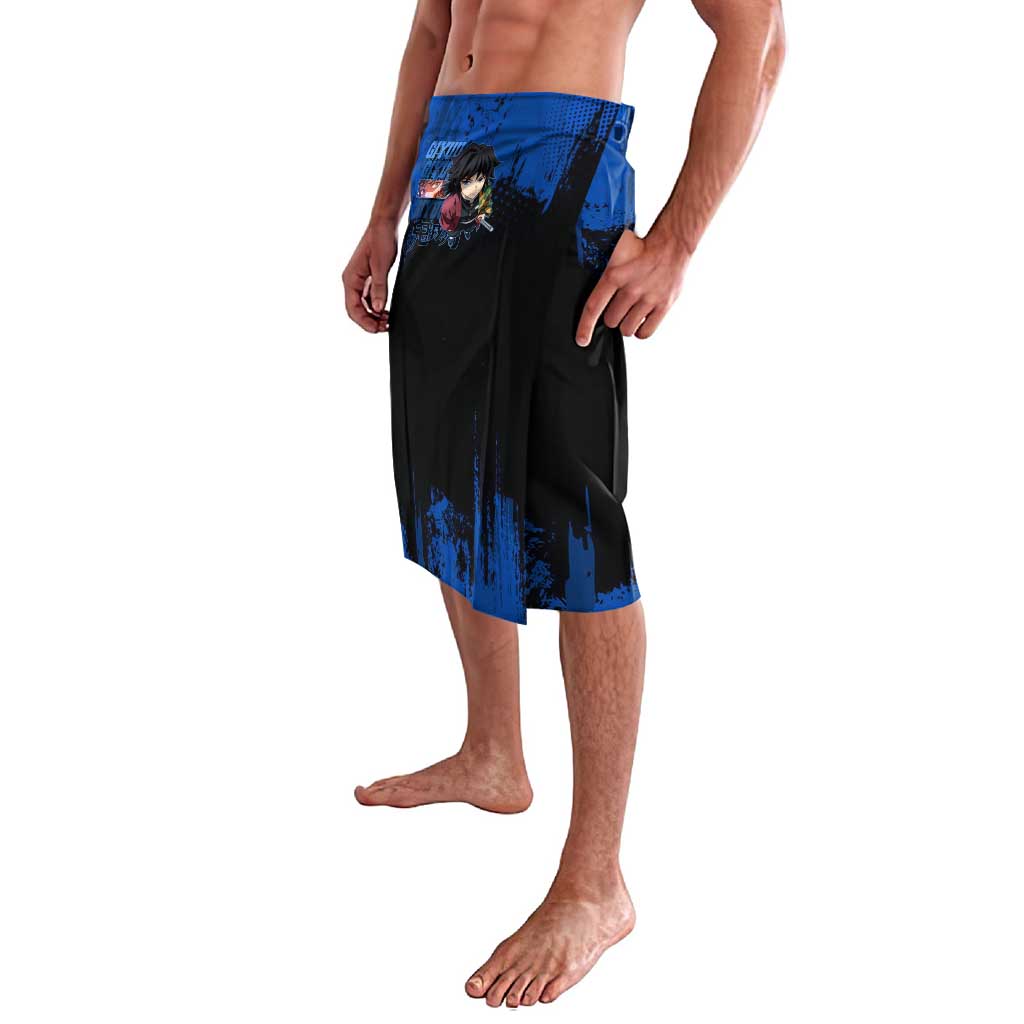 Giyu Tomioka Demon Slayer Blue Grunge Design Lavalava with Intense Eyes and Sword Stance - The Mazicc