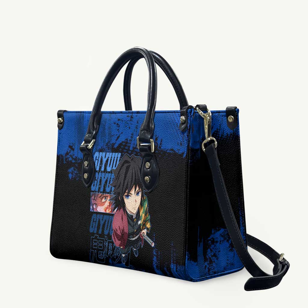 Giyu Tomioka Demon Slayer Blue Grunge Design Leather Bag with Intense Eyes and Sword Stance - The Mazicc