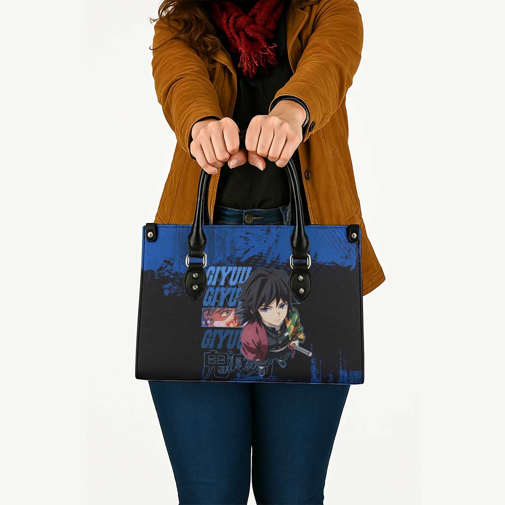 Giyu Tomioka Demon Slayer Blue Grunge Design Leather Bag with Intense Eyes and Sword Stance - The Mazicc