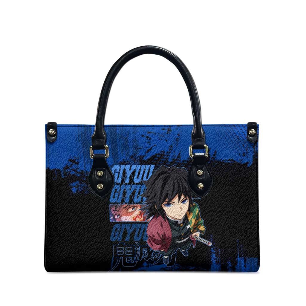 Giyu Tomioka Demon Slayer Blue Grunge Design Leather Bag with Intense Eyes and Sword Stance - The Mazicc