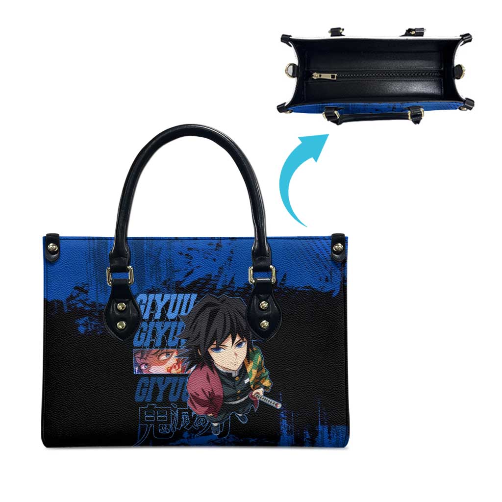 Giyu Tomioka Demon Slayer Blue Grunge Design Leather Bag with Intense Eyes and Sword Stance - The Mazicc