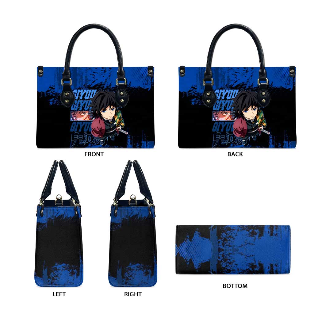 Giyu Tomioka Demon Slayer Blue Grunge Design Leather Bag with Intense Eyes and Sword Stance - The Mazicc