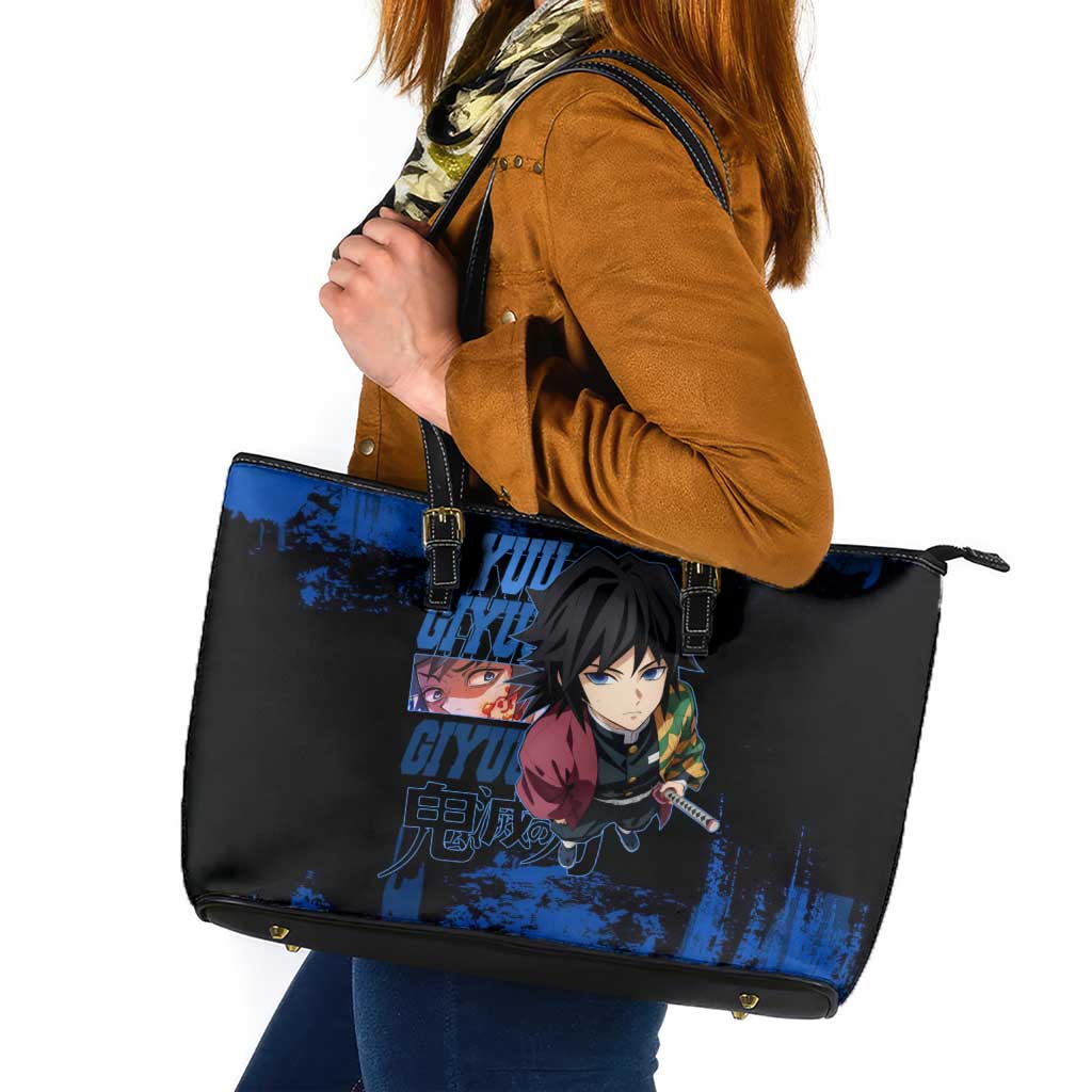 Giyu Tomioka Demon Slayer Blue Grunge Design Leather Tote Bag with Intense Eyes and Sword Stance - The Mazicc