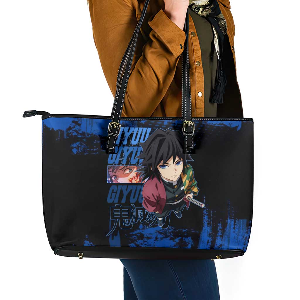 Giyu Tomioka Demon Slayer Blue Grunge Design Leather Tote Bag with Intense Eyes and Sword Stance - The Mazicc
