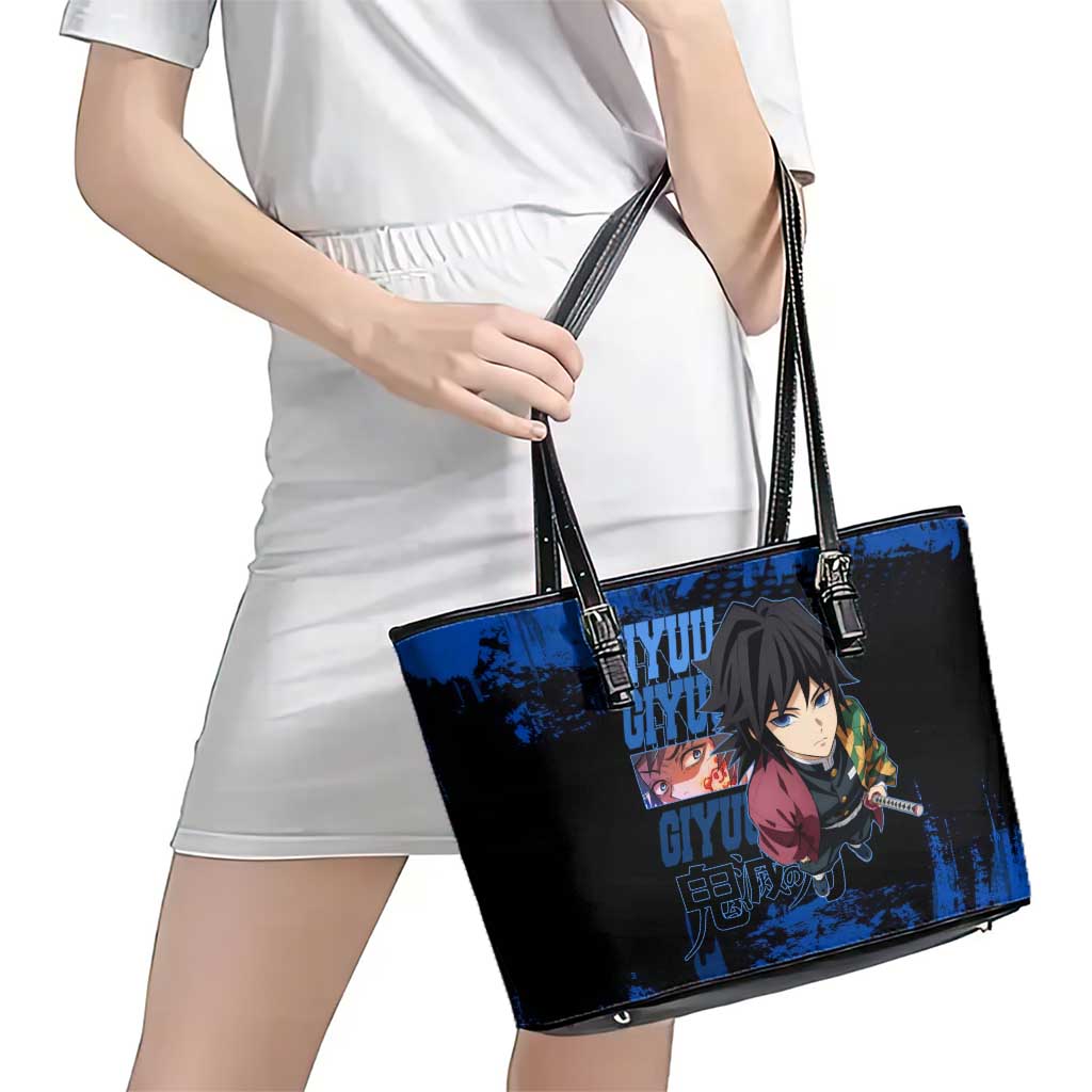 Giyu Tomioka Demon Slayer Blue Grunge Design Leather Tote Bag with Intense Eyes and Sword Stance - The Mazicc