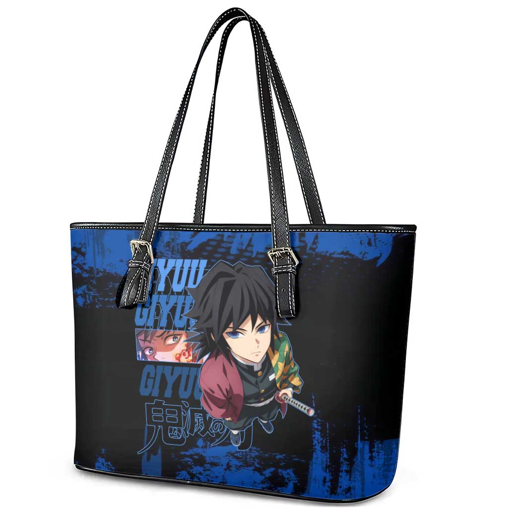 Giyu Tomioka Demon Slayer Blue Grunge Design Leather Tote Bag with Intense Eyes and Sword Stance - The Mazicc