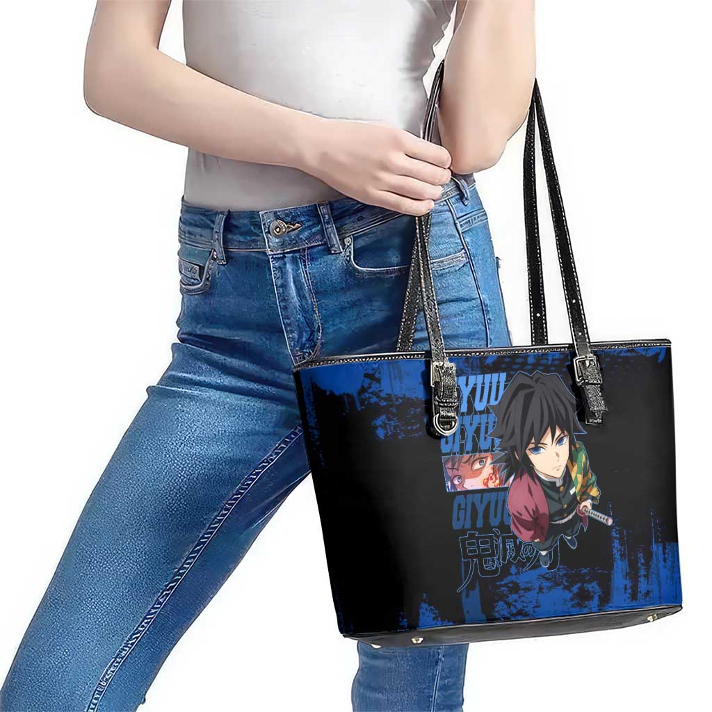 Giyu Tomioka Demon Slayer Blue Grunge Design Leather Tote Bag with Intense Eyes and Sword Stance - The Mazicc