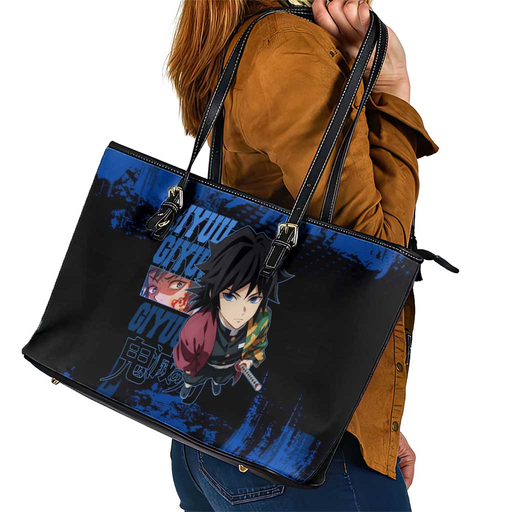 Giyu Tomioka Demon Slayer Blue Grunge Design Leather Tote Bag with Intense Eyes and Sword Stance - The Mazicc