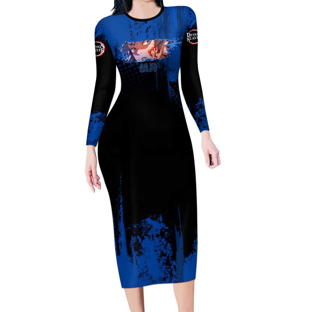 Giyu Tomioka Demon Slayer Blue Grunge Design Long Sleeve Bodycon Dress with Intense Eyes and Sword Stance - The Mazicc