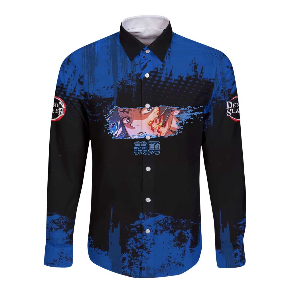 Giyu Tomioka Demon Slayer Blue Grunge Design Long Sleeve Button Shirt with Intense Eyes and Sword Stance - The Mazicc