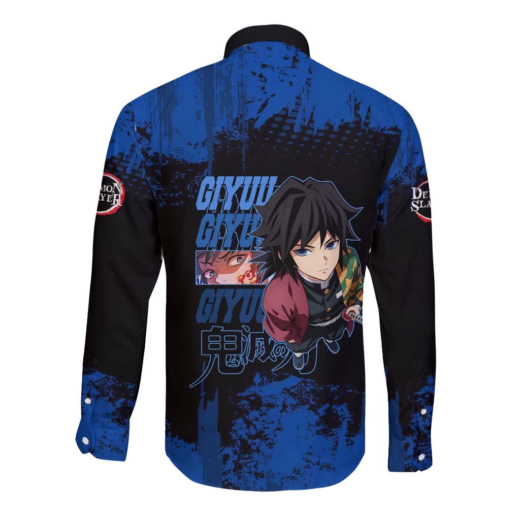 Giyu Tomioka Demon Slayer Blue Grunge Design Long Sleeve Button Shirt with Intense Eyes and Sword Stance - The Mazicc