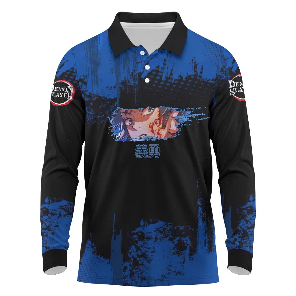 Giyu Tomioka Demon Slayer Blue Grunge Design Long Sleeve Polo Shirt with Intense Eyes and Sword Stance - The Mazicc