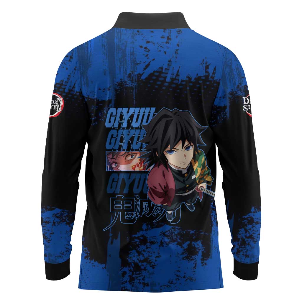 Giyu Tomioka Demon Slayer Blue Grunge Design Long Sleeve Polo Shirt with Intense Eyes and Sword Stance - The Mazicc