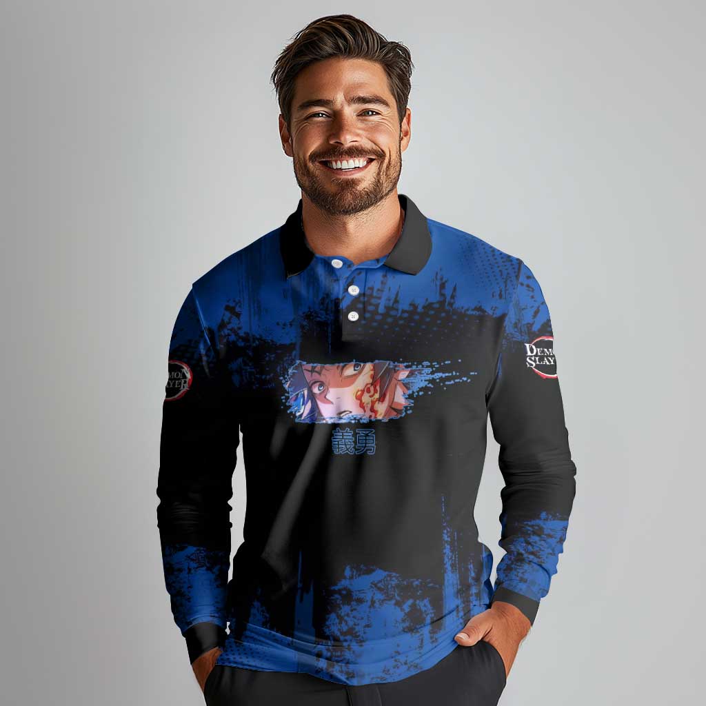 Giyu Tomioka Demon Slayer Blue Grunge Design Long Sleeve Polo Shirt with Intense Eyes and Sword Stance - The Mazicc