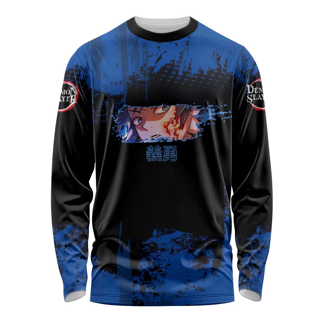 Giyu Tomioka Demon Slayer Blue Grunge Design Long Sleeve Shirt with Intense Eyes and Sword Stance - The Mazicc