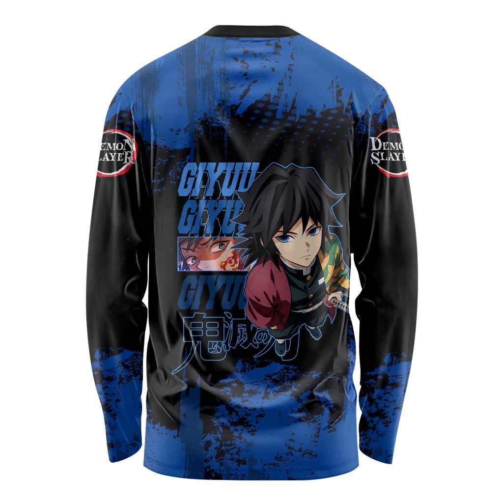Giyu Tomioka Demon Slayer Blue Grunge Design Long Sleeve Shirt with Intense Eyes and Sword Stance - The Mazicc