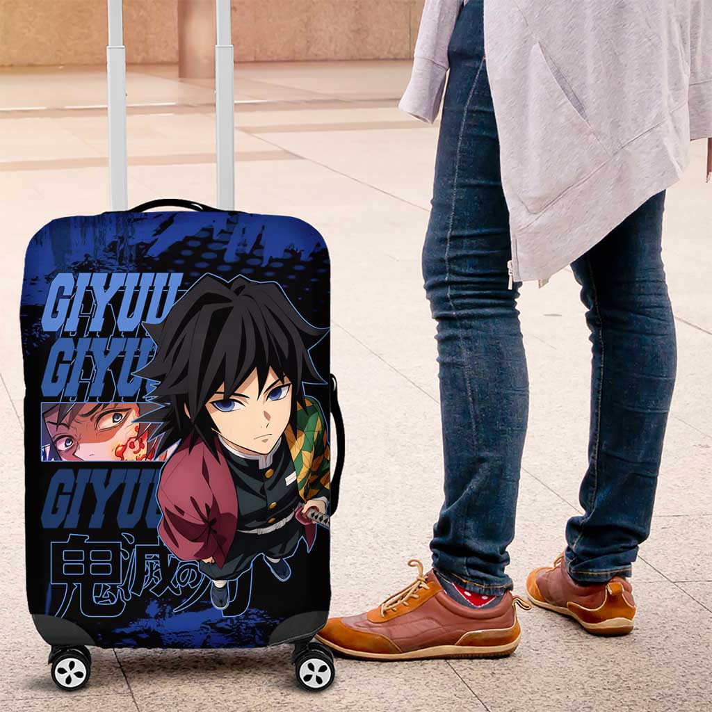 Giyu Tomioka Demon Slayer Blue Grunge Design Luggage Cover with Intense Eyes and Sword Stance - The Mazicc