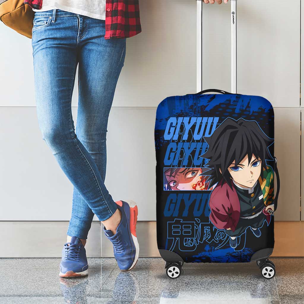 Giyu Tomioka Demon Slayer Blue Grunge Design Luggage Cover with Intense Eyes and Sword Stance - The Mazicc