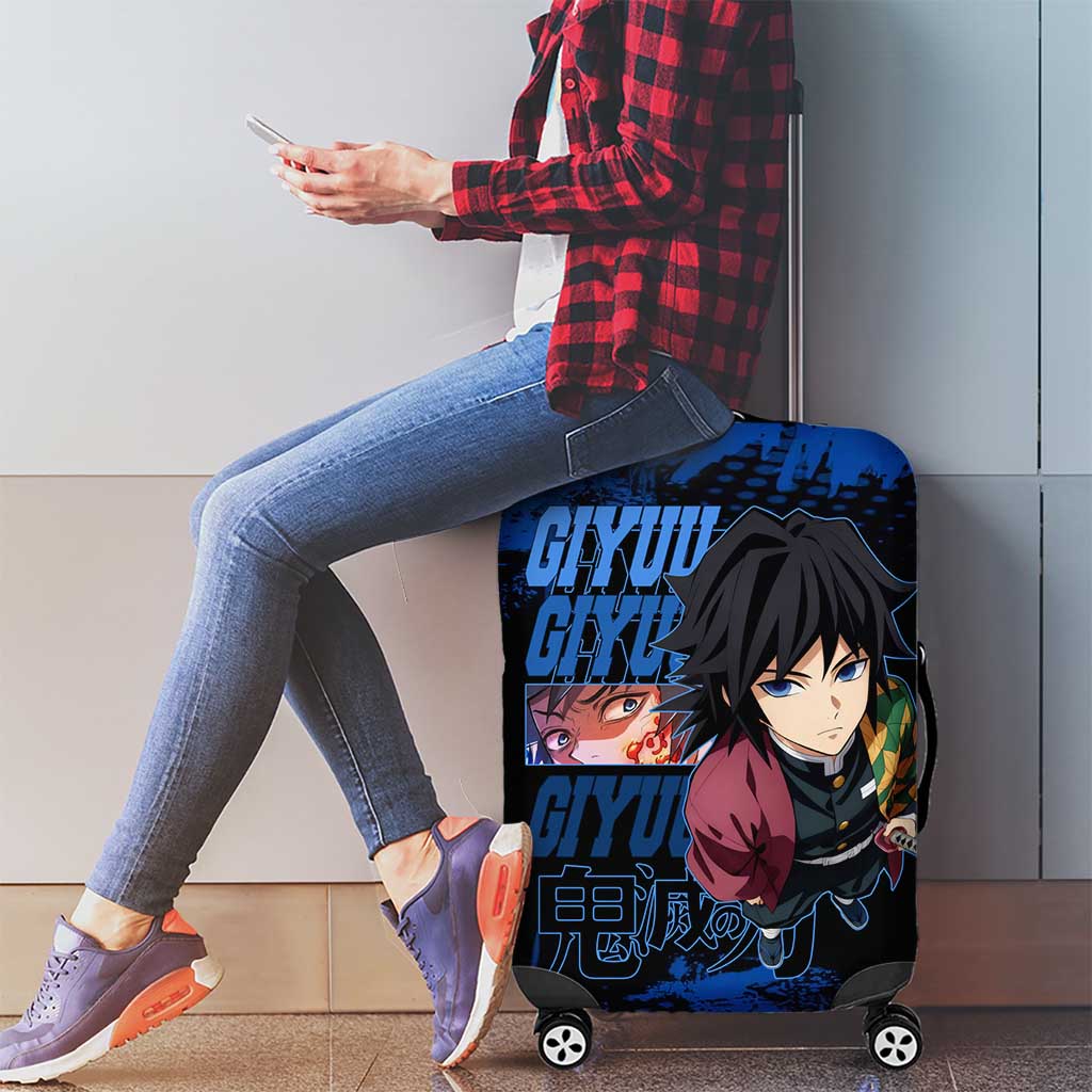 Giyu Tomioka Demon Slayer Blue Grunge Design Luggage Cover with Intense Eyes and Sword Stance - The Mazicc