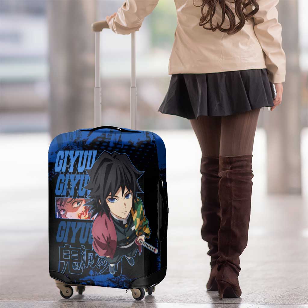 Giyu Tomioka Demon Slayer Blue Grunge Design Luggage Cover with Intense Eyes and Sword Stance - The Mazicc