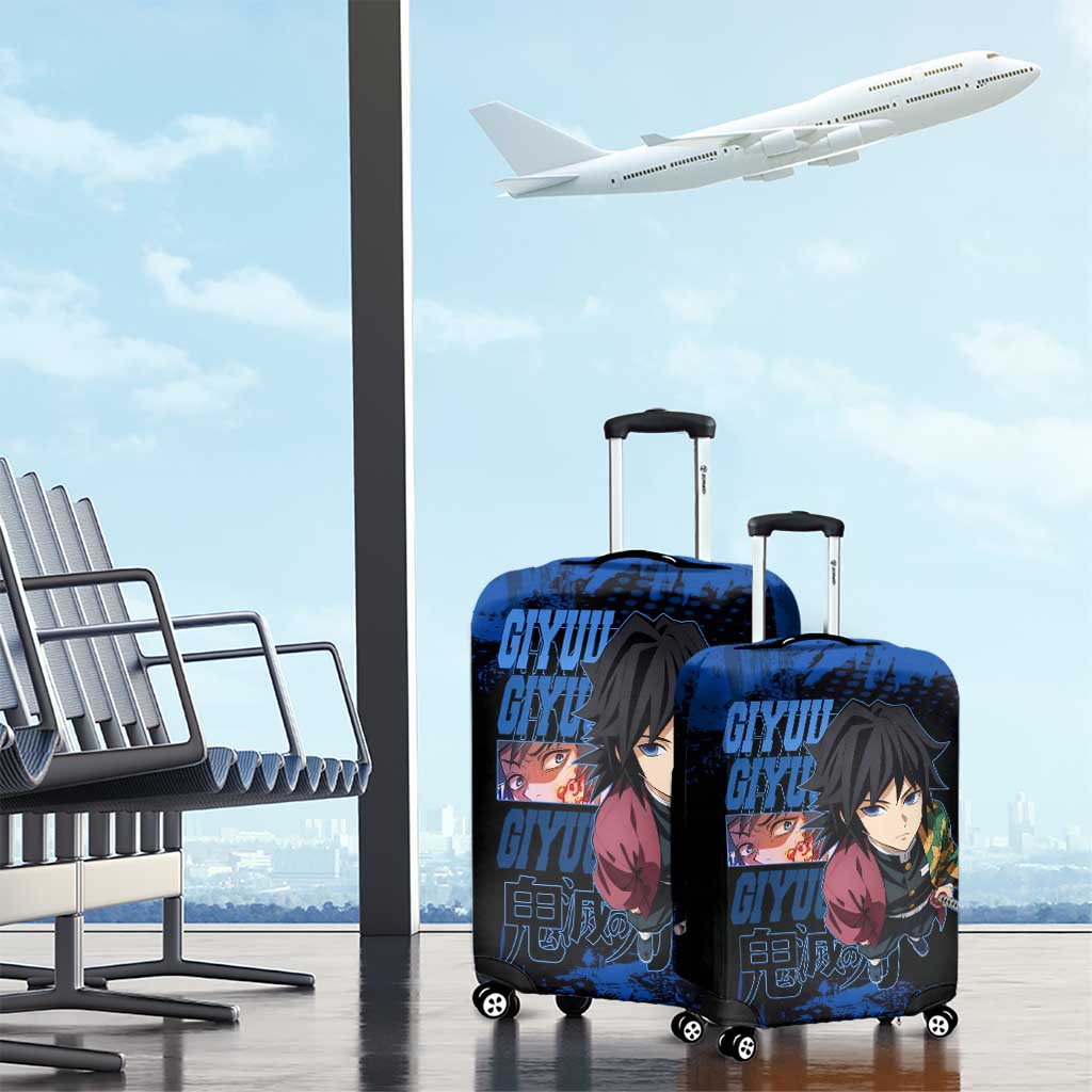 Giyu Tomioka Demon Slayer Blue Grunge Design Luggage Cover with Intense Eyes and Sword Stance - The Mazicc