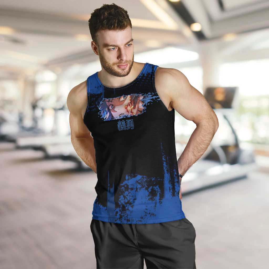 Giyu Tomioka Demon Slayer Blue Grunge Design Men Tank Top with Intense Eyes and Sword Stance - The Mazicc