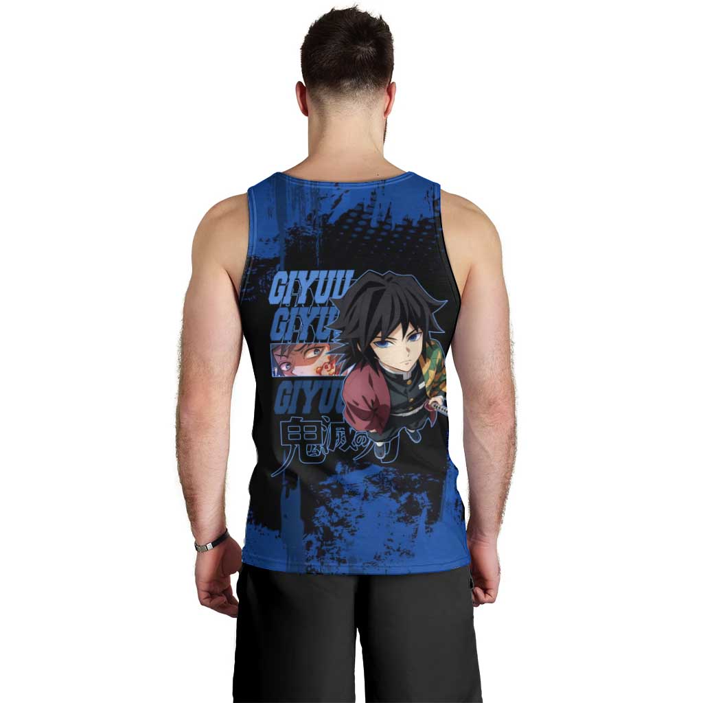 Giyu Tomioka Demon Slayer Blue Grunge Design Men Tank Top with Intense Eyes and Sword Stance - The Mazicc