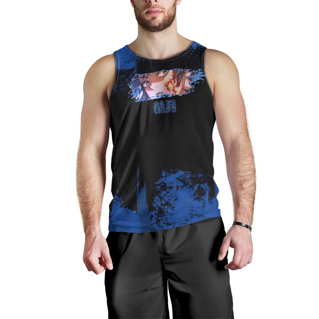 Giyu Tomioka Demon Slayer Blue Grunge Design Men Tank Top with Intense Eyes and Sword Stance - The Mazicc