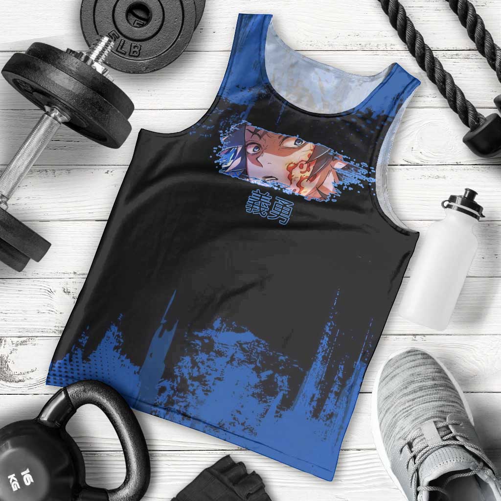 Giyu Tomioka Demon Slayer Blue Grunge Design Men Tank Top with Intense Eyes and Sword Stance - The Mazicc