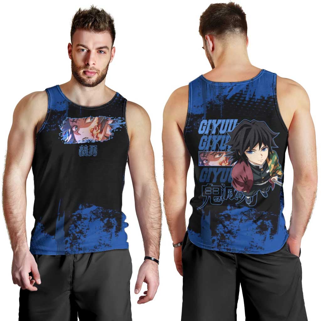 Giyu Tomioka Demon Slayer Blue Grunge Design Men Tank Top with Intense Eyes and Sword Stance - The Mazicc