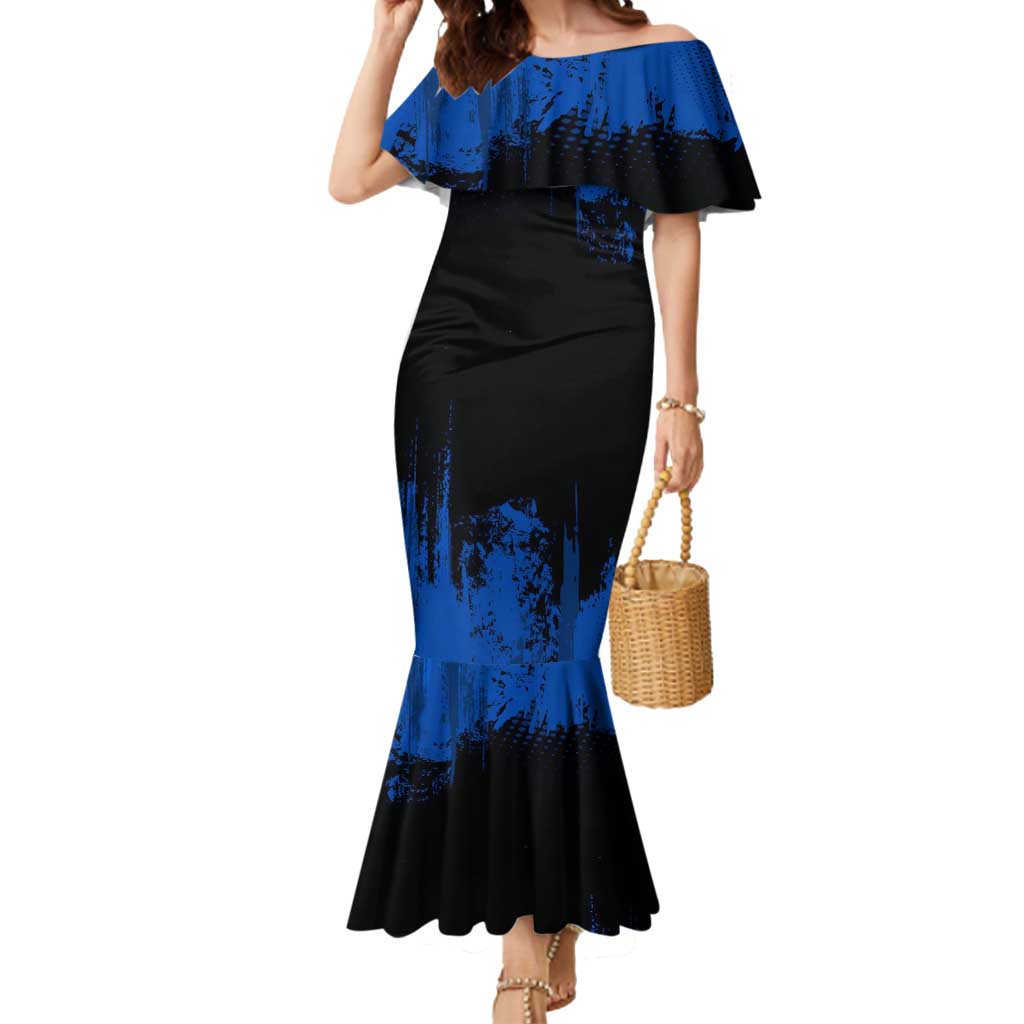 Giyu Tomioka Demon Slayer Blue Grunge Design Mermaid Dress with Intense Eyes and Sword Stance - The Mazicc
