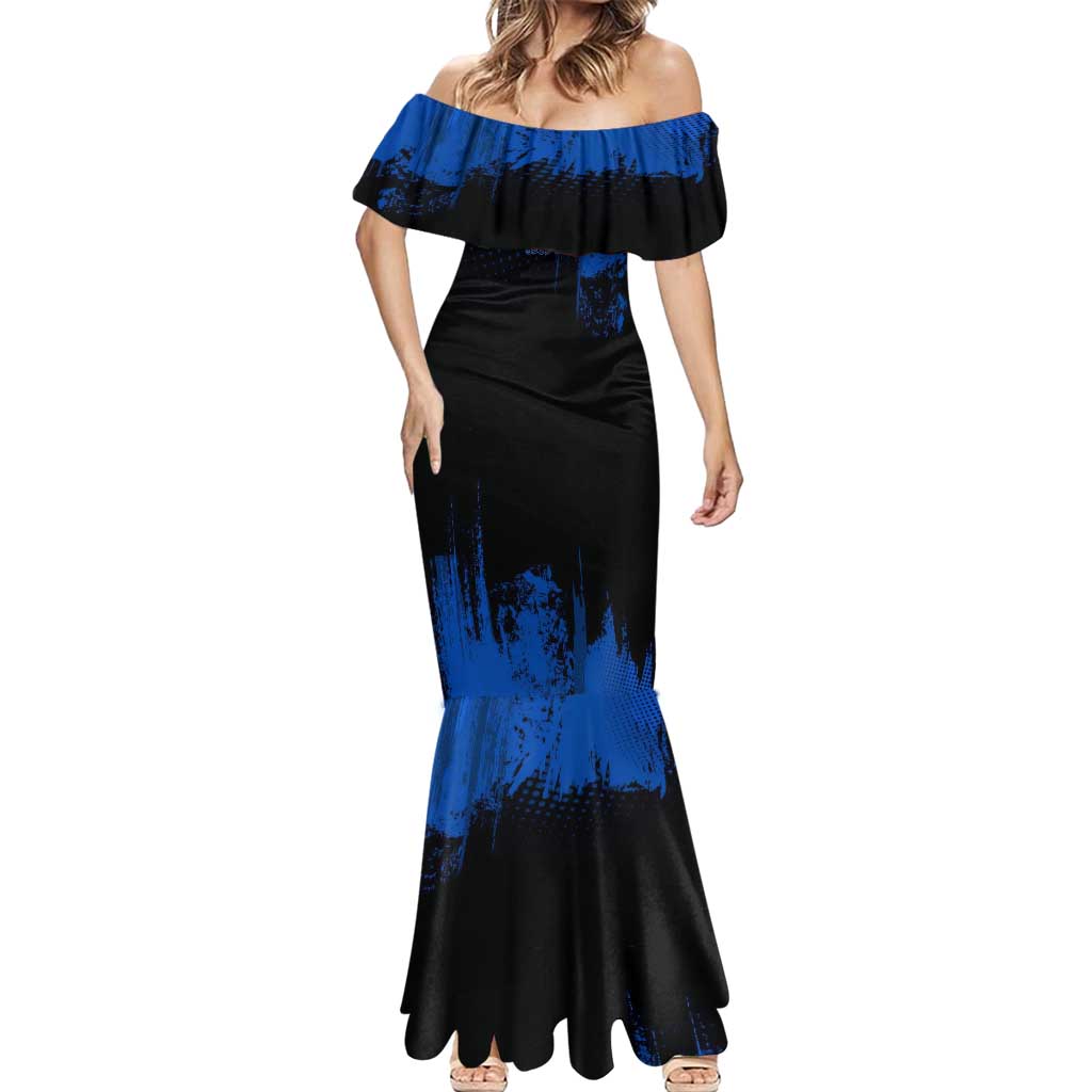 Giyu Tomioka Demon Slayer Blue Grunge Design Mermaid Dress with Intense Eyes and Sword Stance - The Mazicc