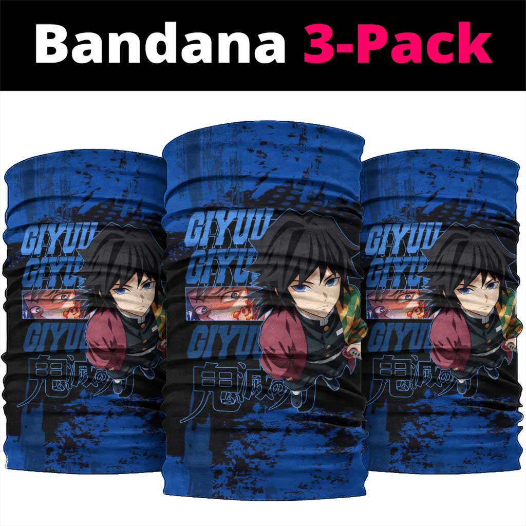 Giyu Tomioka Demon Slayer Blue Grunge Design Neck Gaiter with Intense Eyes and Sword Stance - The Mazicc