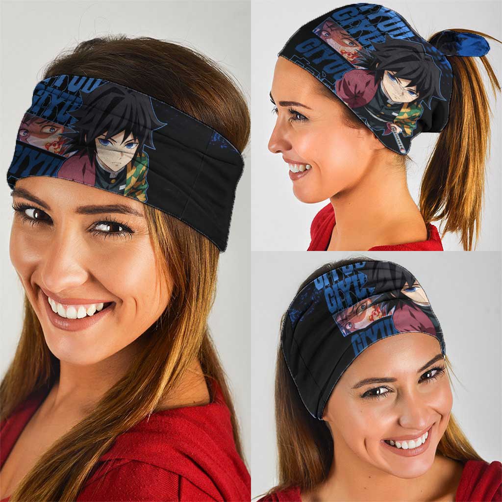 Giyu Tomioka Demon Slayer Blue Grunge Design Neck Gaiter with Intense Eyes and Sword Stance - The Mazicc