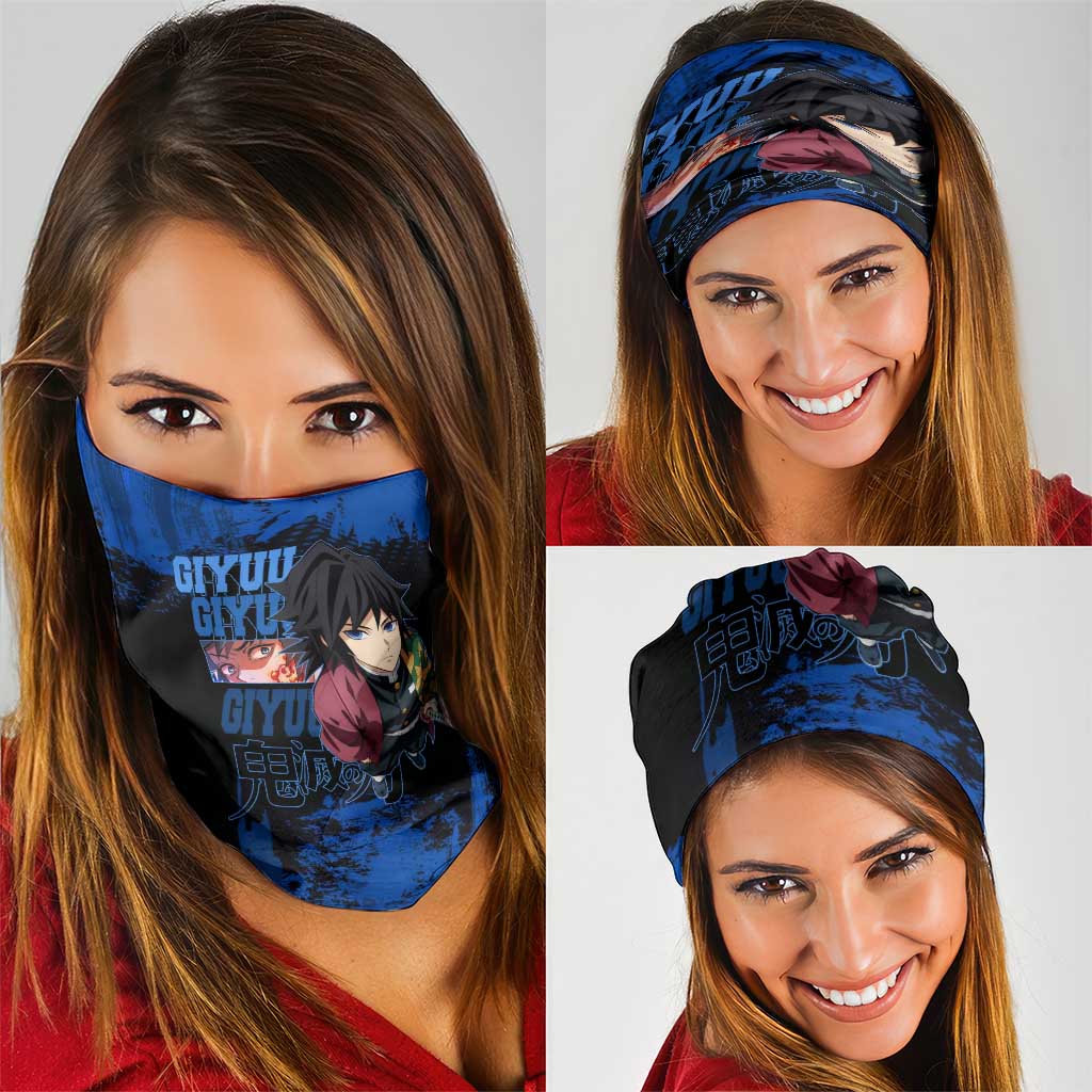 Giyu Tomioka Demon Slayer Blue Grunge Design Neck Gaiter with Intense Eyes and Sword Stance - The Mazicc
