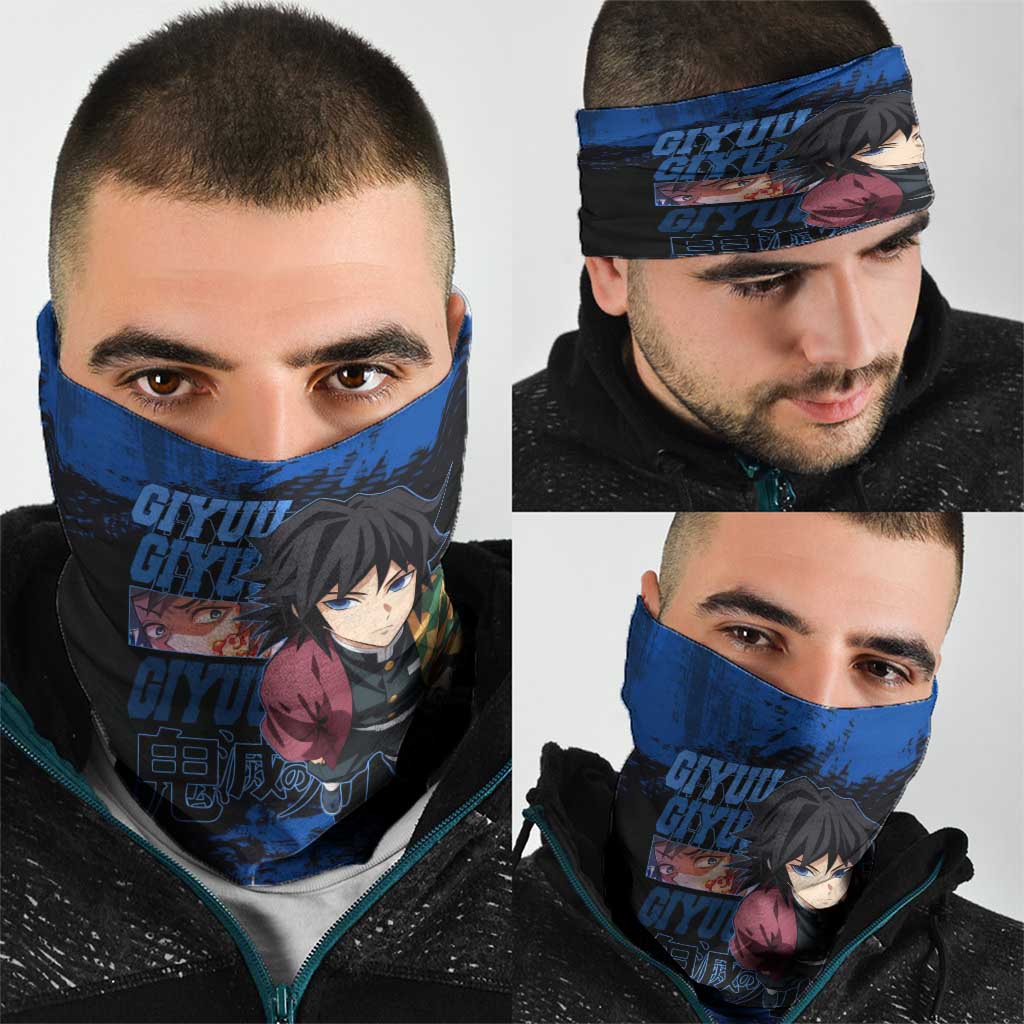 Giyu Tomioka Demon Slayer Blue Grunge Design Neck Gaiter with Intense Eyes and Sword Stance - The Mazicc