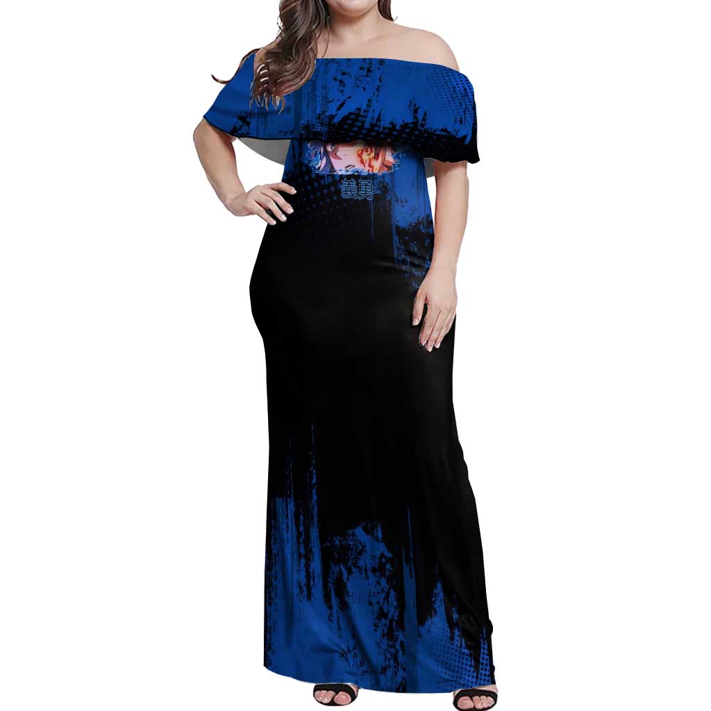 Giyu Tomioka Demon Slayer Blue Grunge Design Off Shoulder Maxi Dress with Intense Eyes and Sword Stance - The Mazicc