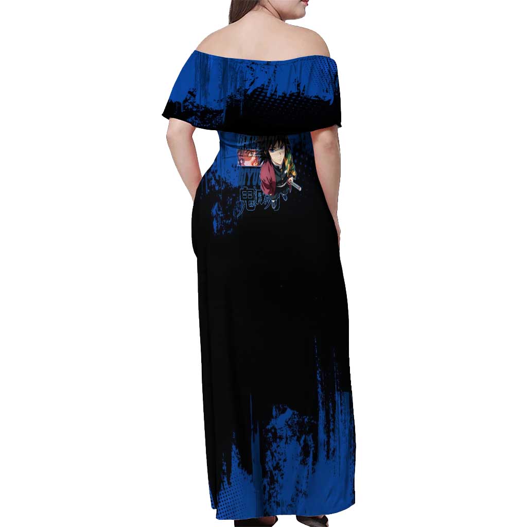 Giyu Tomioka Demon Slayer Blue Grunge Design Off Shoulder Maxi Dress with Intense Eyes and Sword Stance - The Mazicc