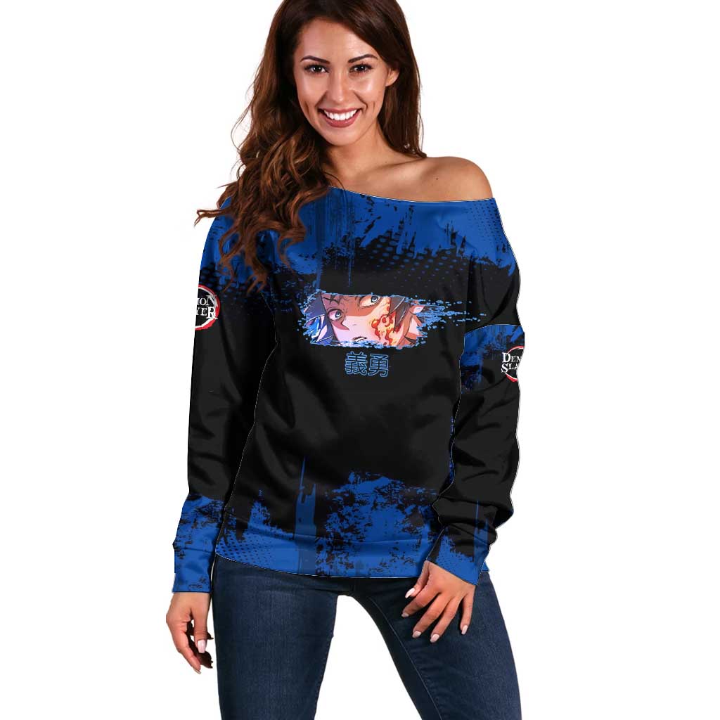 Giyu Tomioka Demon Slayer Blue Grunge Design Off Shoulder Sweater with Intense Eyes and Sword Stance - The Mazicc