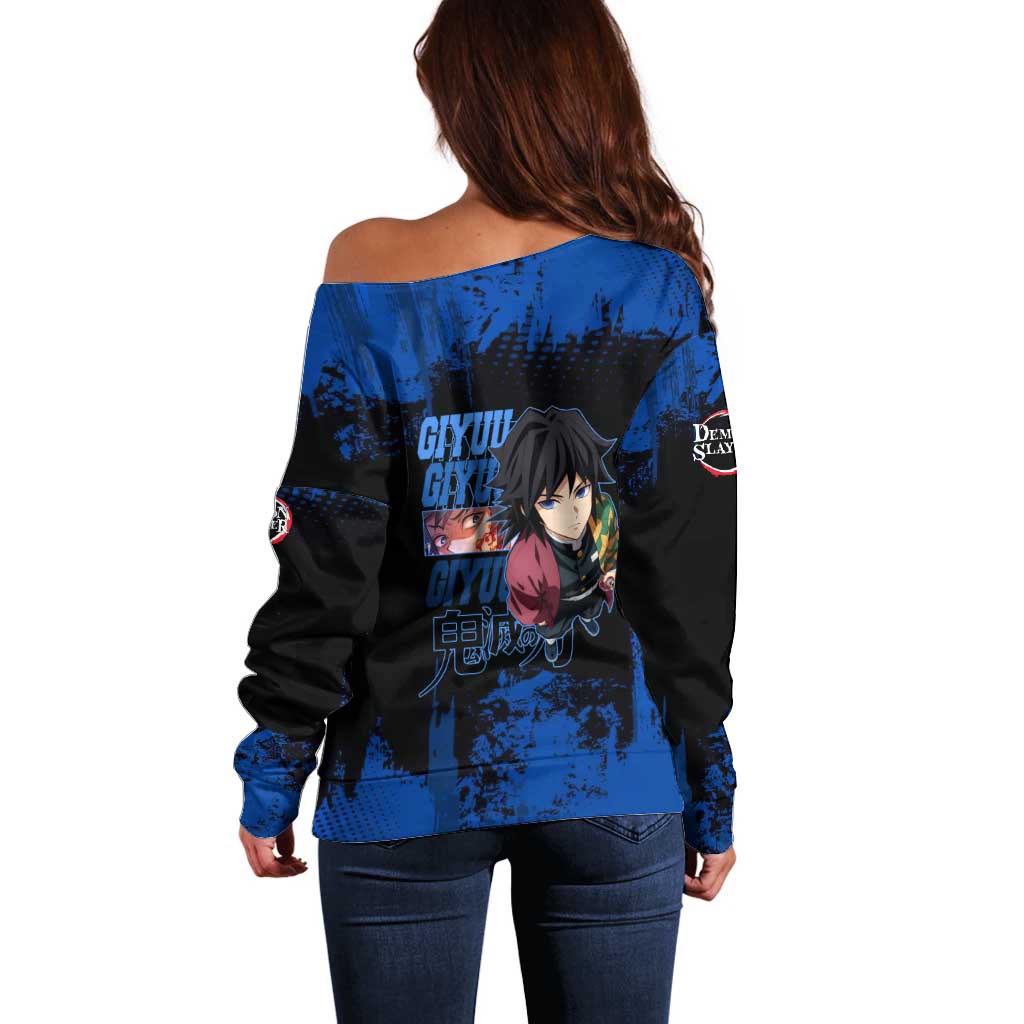 Giyu Tomioka Demon Slayer Blue Grunge Design Off Shoulder Sweater with Intense Eyes and Sword Stance - The Mazicc