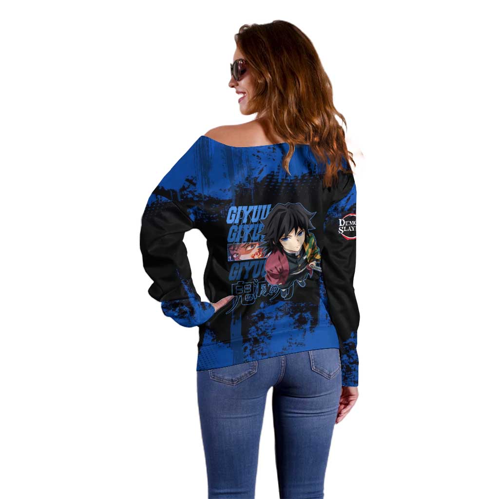 Giyu Tomioka Demon Slayer Blue Grunge Design Off Shoulder Sweater with Intense Eyes and Sword Stance - The Mazicc