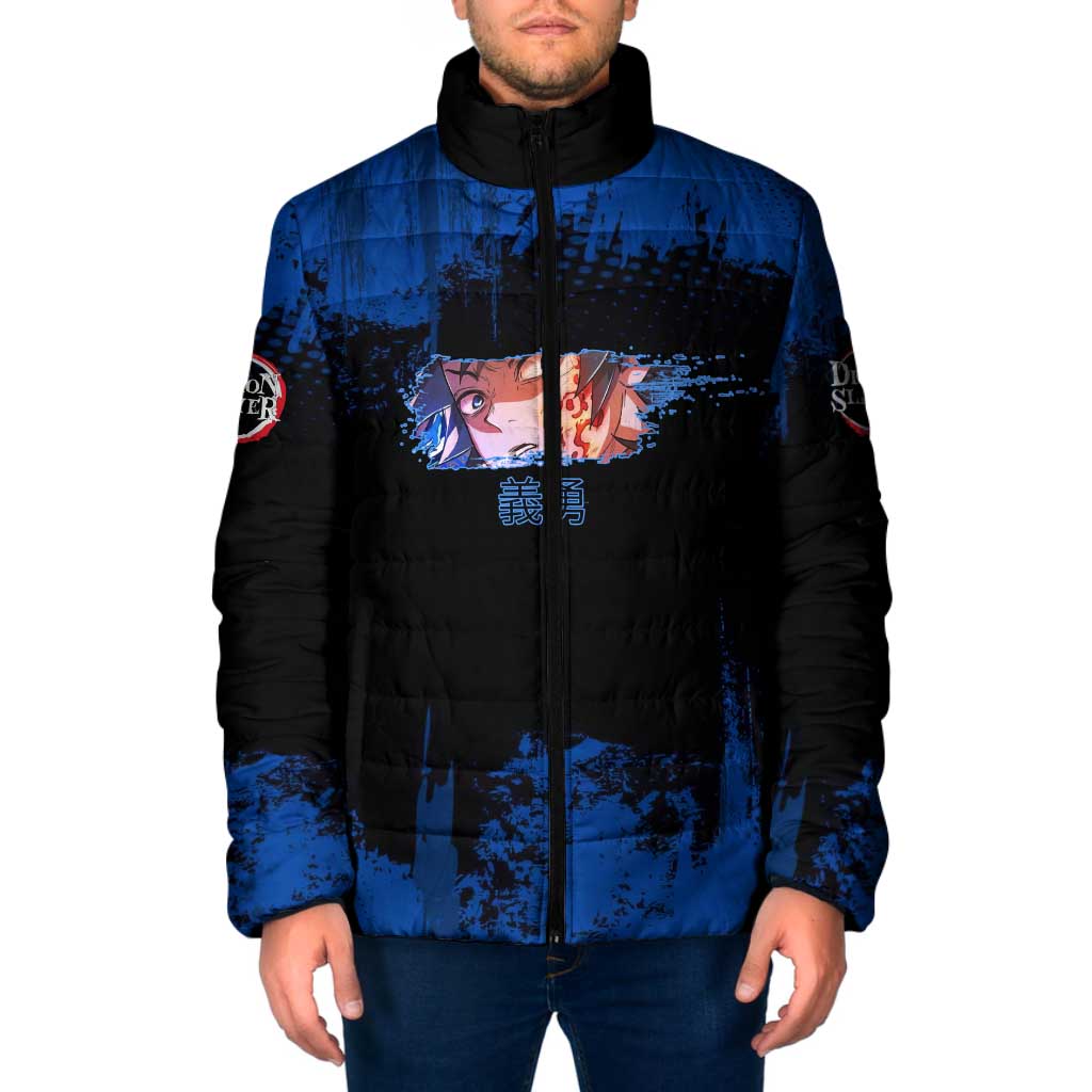 Giyu Tomioka Demon Slayer Blue Grunge Design Padded Jacket with Intense Eyes and Sword Stance - The Mazicc