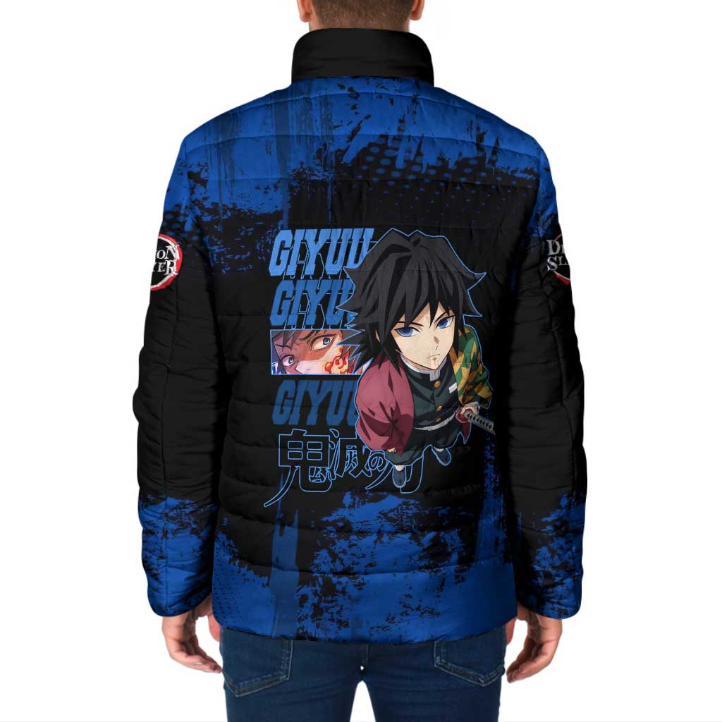 Giyu Tomioka Demon Slayer Blue Grunge Design Padded Jacket with Intense Eyes and Sword Stance - The Mazicc