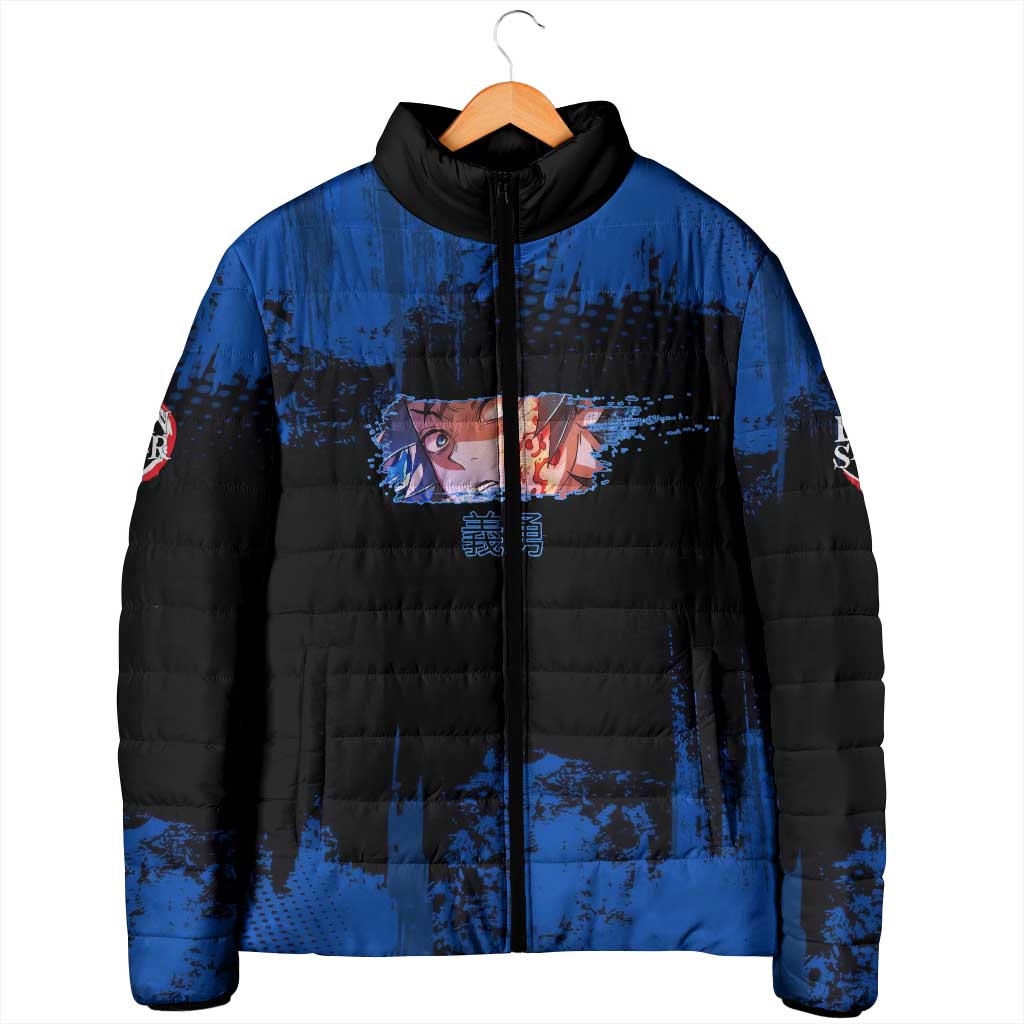 Giyu Tomioka Demon Slayer Blue Grunge Design Padded Jacket with Intense Eyes and Sword Stance - The Mazicc